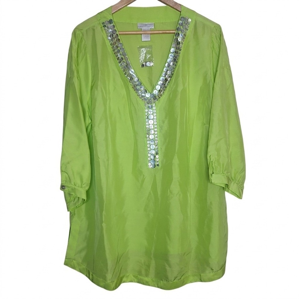 SOFT‎ SURROUNDINGS Top Size 1X 100% Silk Sequins Lime Green Boho Tunic Women's